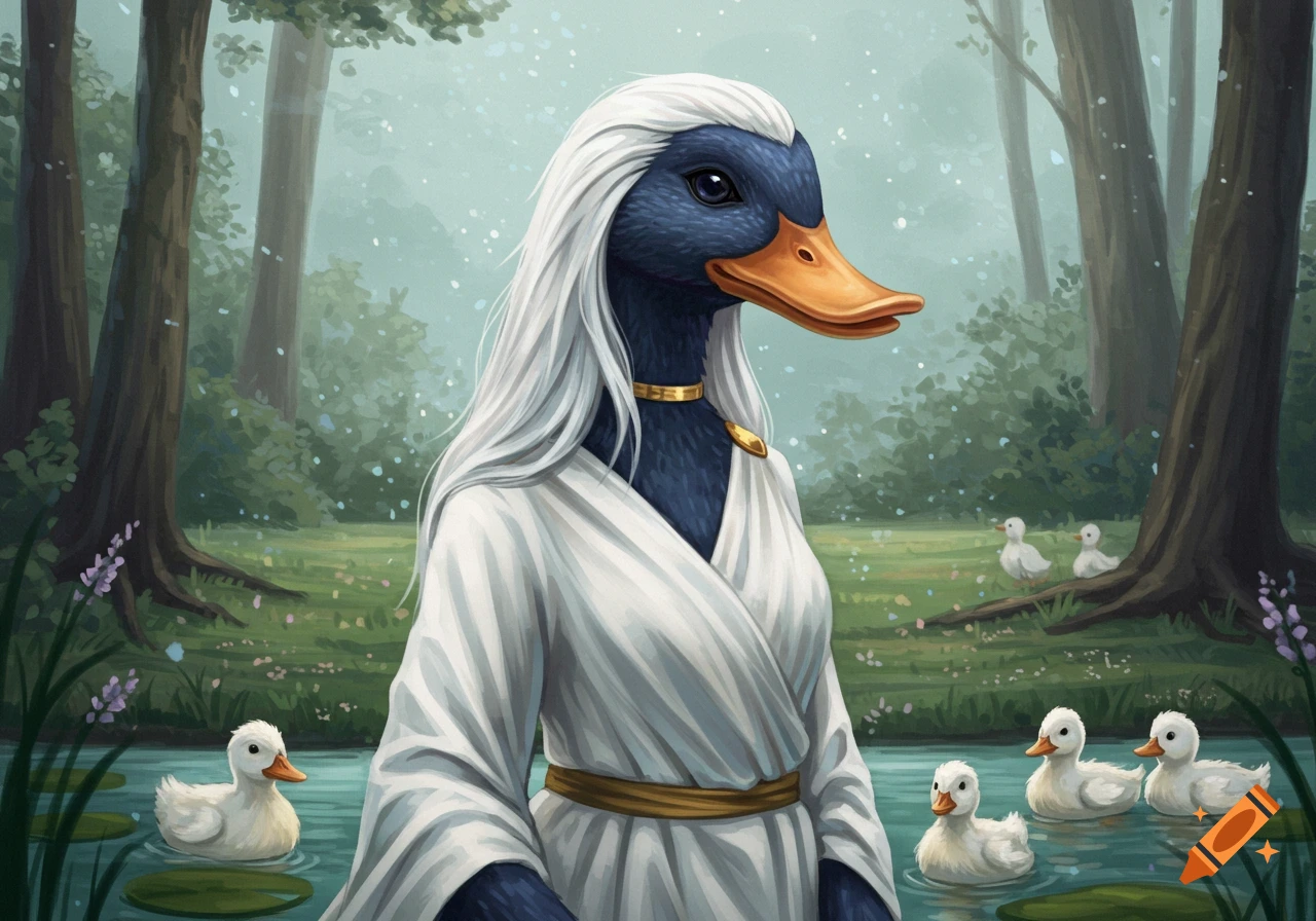 A duck person with long white hair and white robes stands in a forest surrounded by ducklings and a pond.