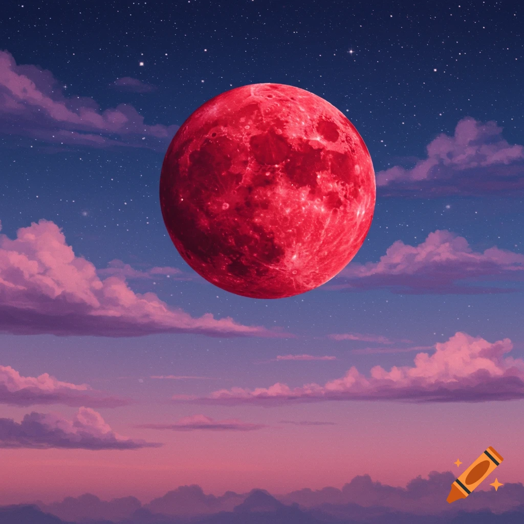A large red moon hangs in a starry blue sky with pink and purple clouds and a hazy horizon.