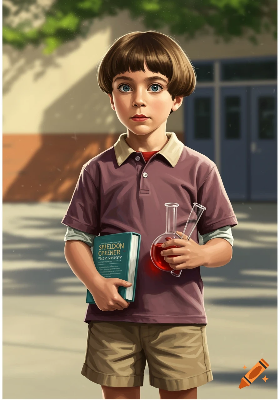 A young boy with a bowl cut holds a book and glass beakers.