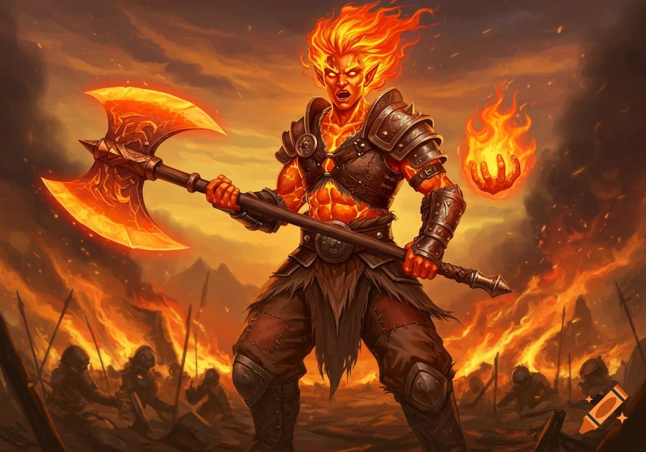 A fire genasi barbarian with an axe stands in a burning battlefield.