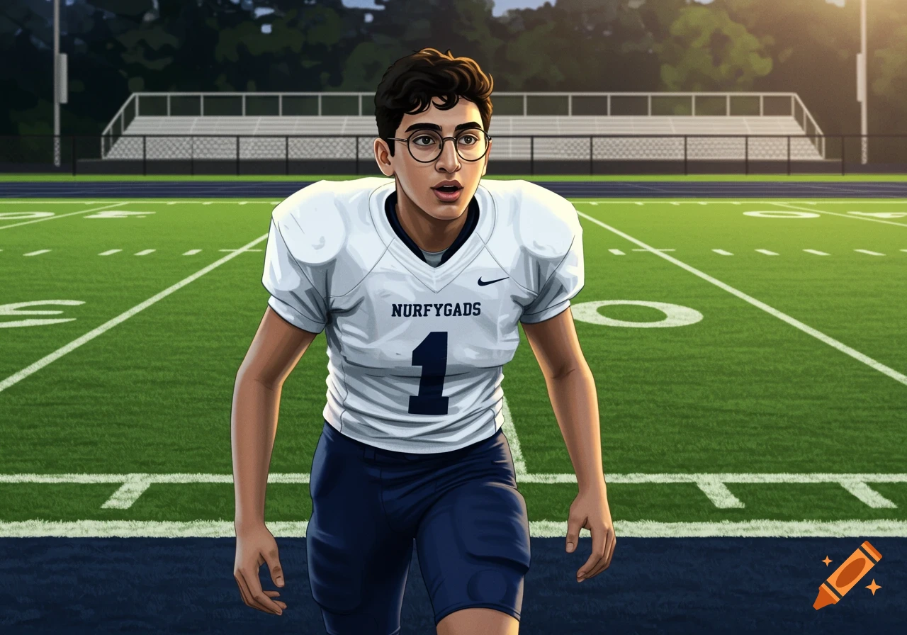 Young person with glasses in football uniform on a field.