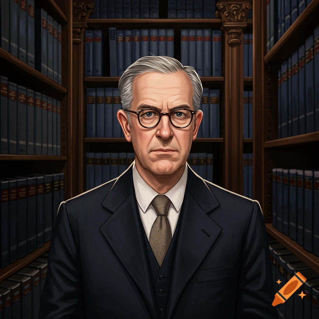 Portrait of a man in a suit and glasses in a library.