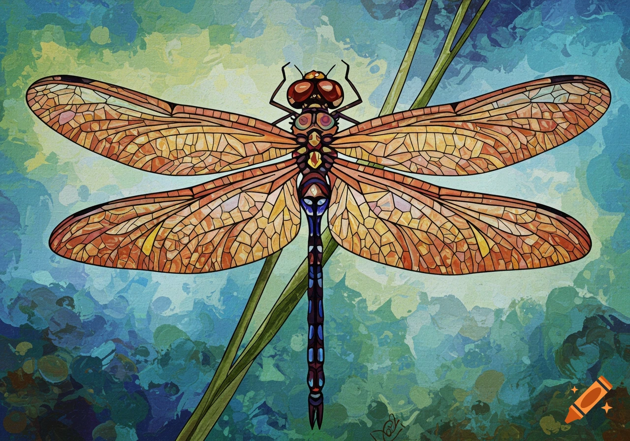 Stylized vibrant abstract art illustration of a dragonfly.