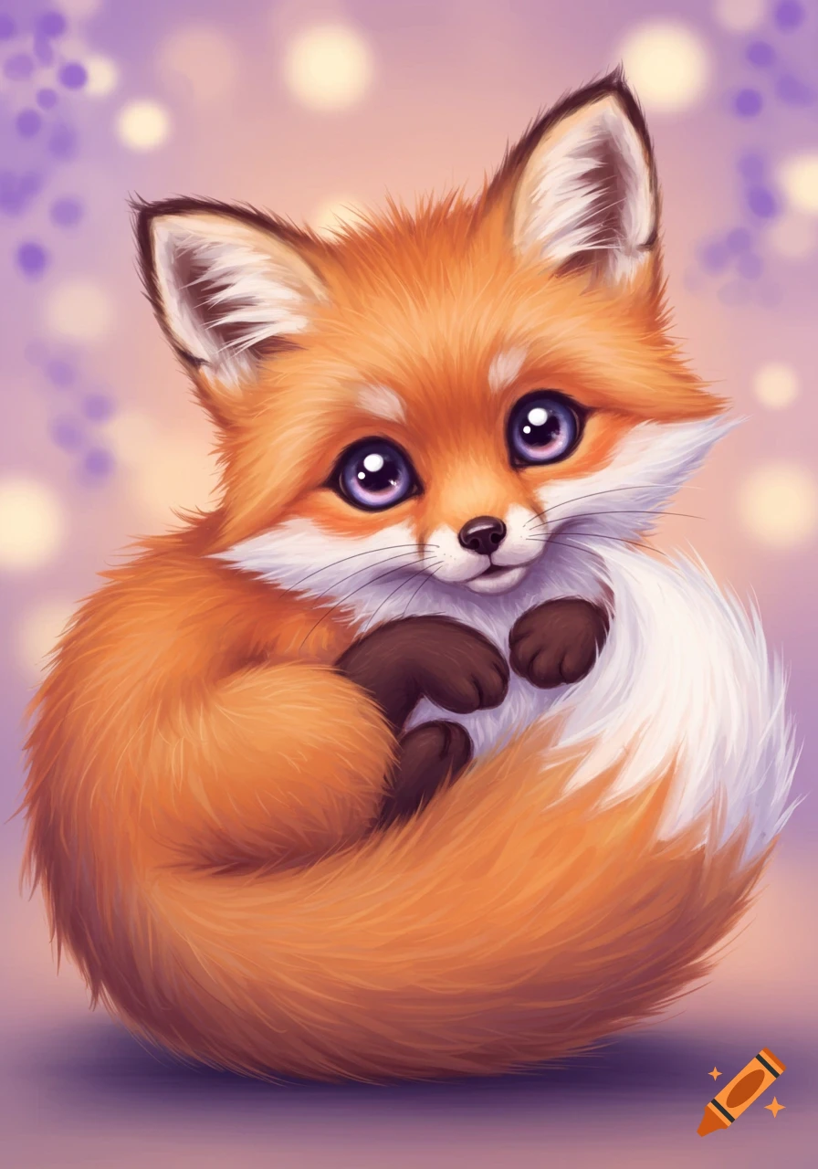 A cute curled-up fox illustration with big purple eyes.