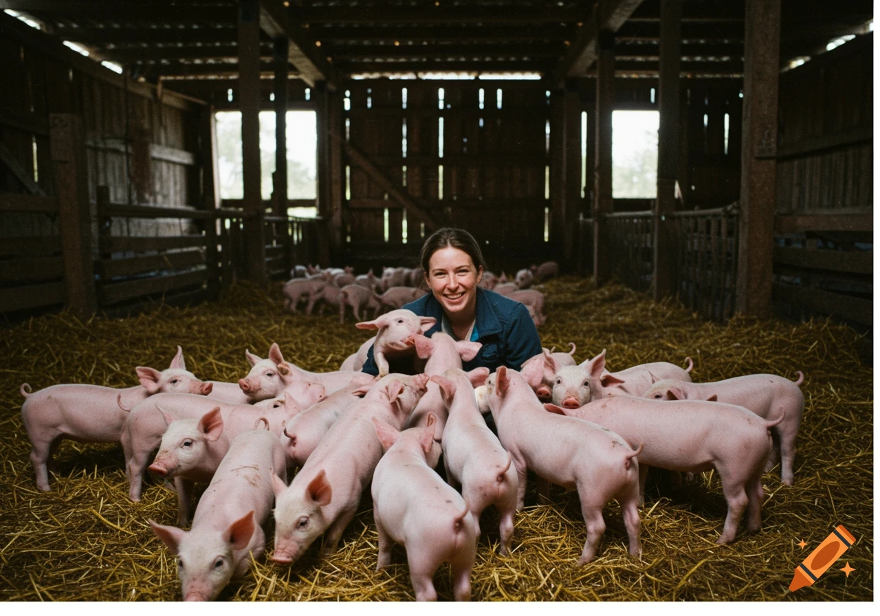 Woman smiling among many piglets on straw in a barn