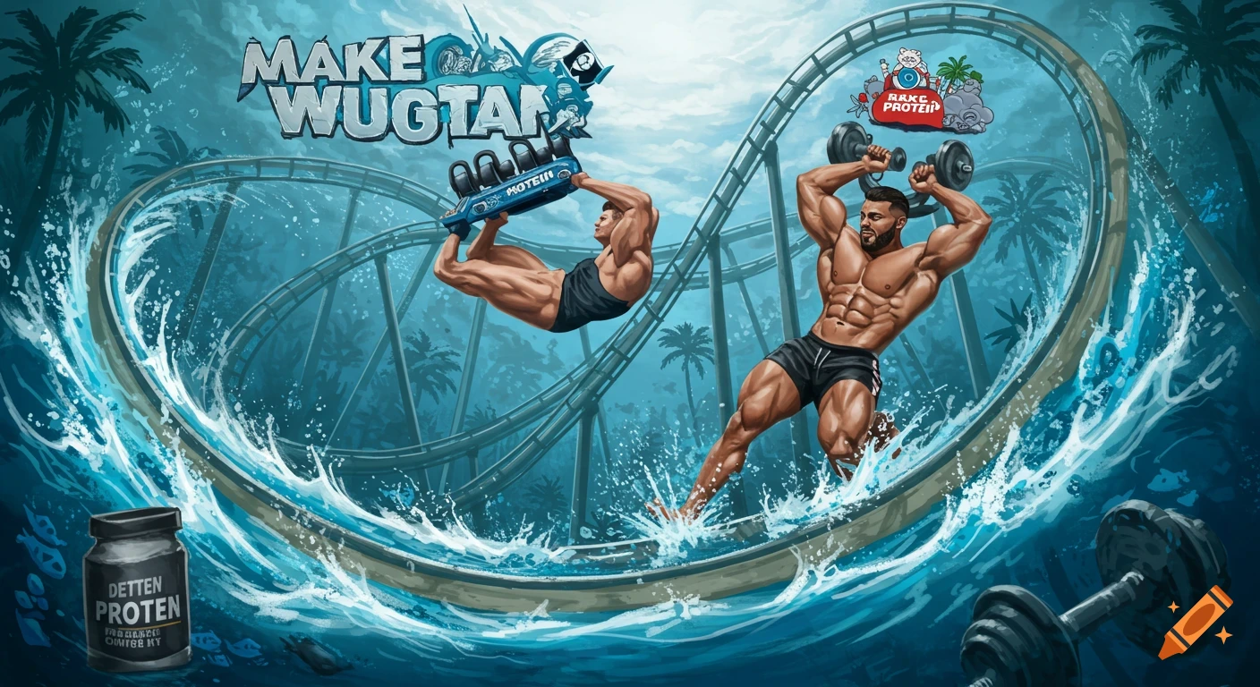 Illustration of muscular men on a water roller coaster with weights and protein containers.