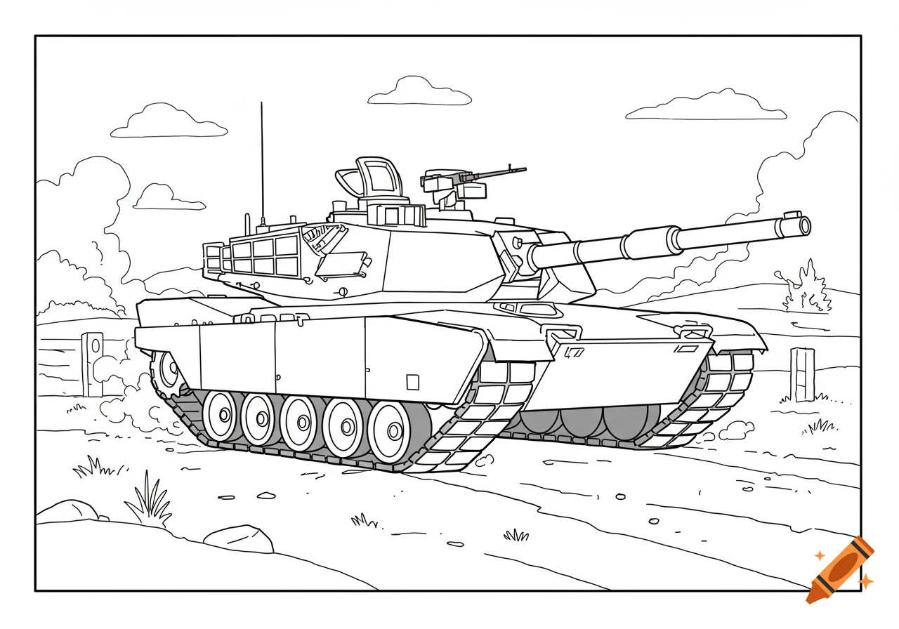 Line art coloring page of an M1 Abrams tank moving across a landscape.
