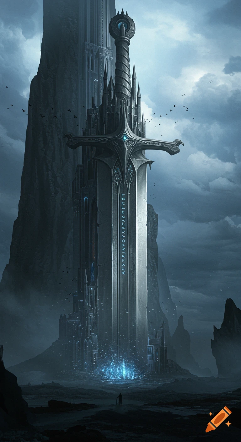 Fantasy art of a massive sword-shaped fortress built into a mountain ...