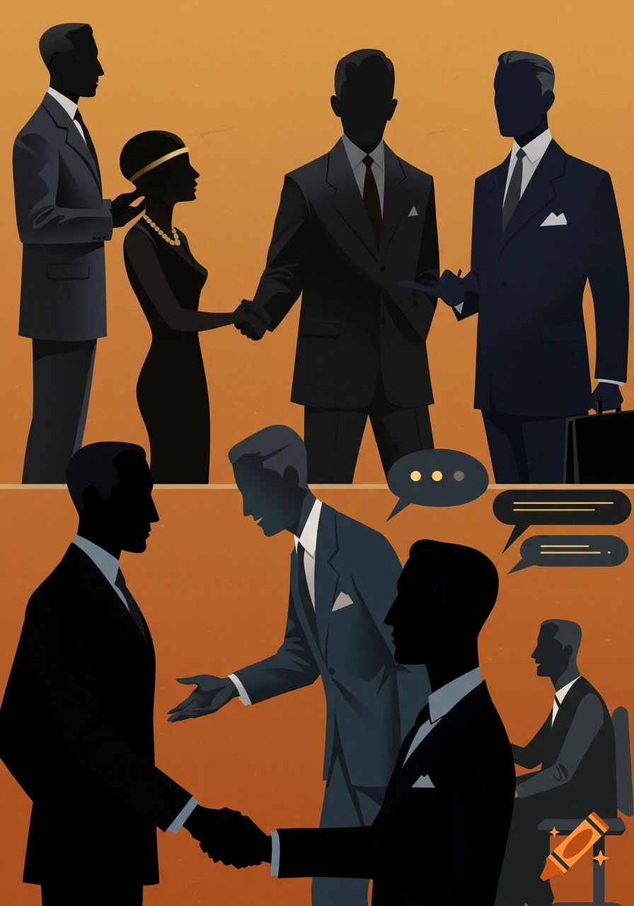 Art Deco style illustration of professional silhouettes communicating and shaking hands.