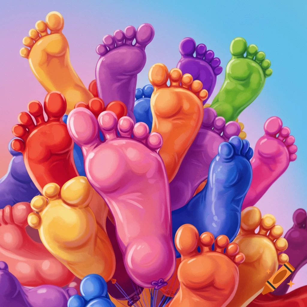 A pile of colorful balloons shaped like feet.