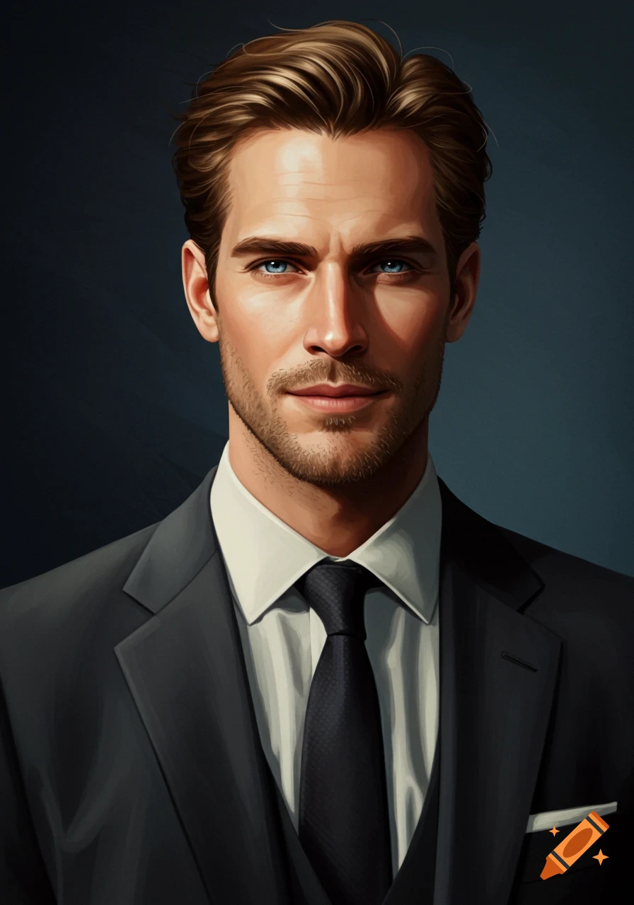 Portrait of a handsome man with brown hair and blue eyes wearing a dark gray suit.