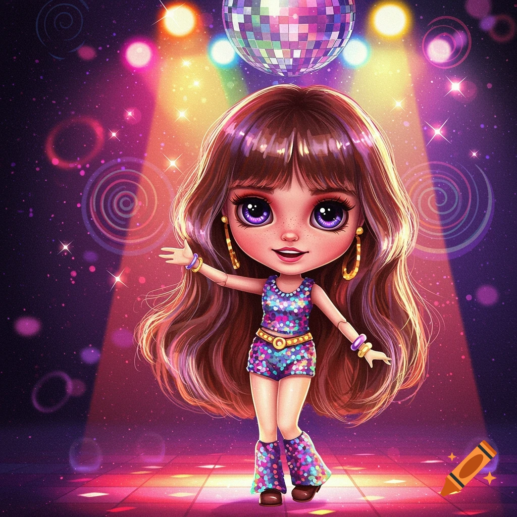 A cute cartoon doll with big eyes dances under a disco ball in a sparkly outfit.