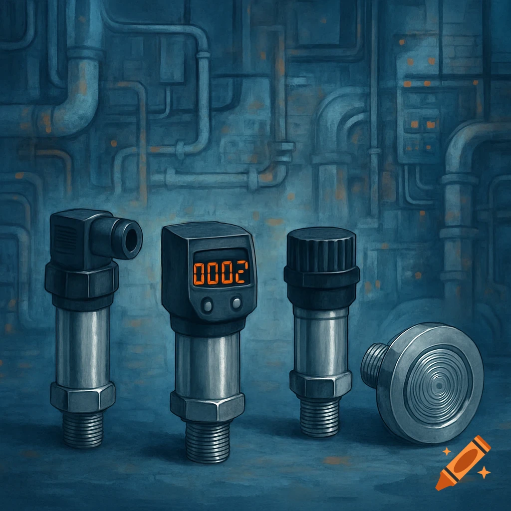 Industrial sensors and pipes against a blue background, illustrated style.