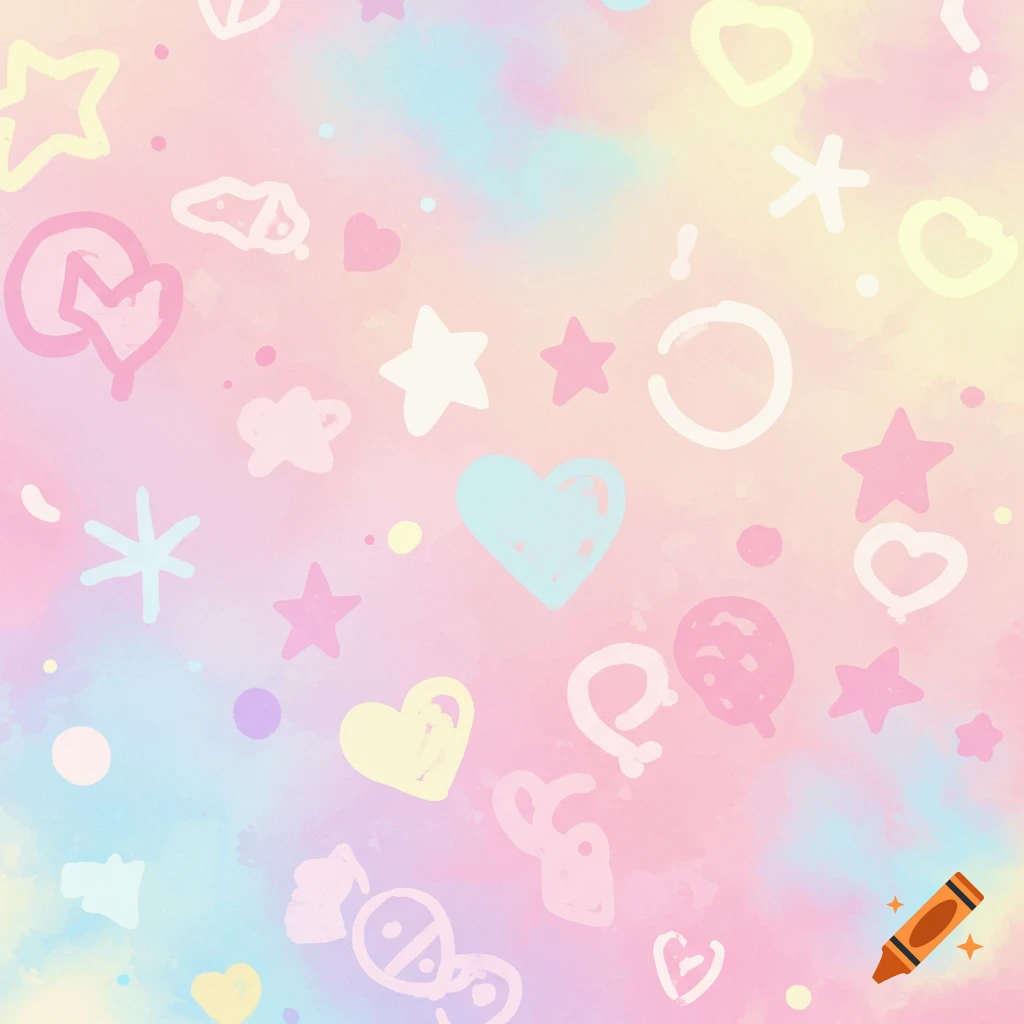 A pastel tie-dye background scattered with hand-drawn hearts, stars, dots, and other symbols.