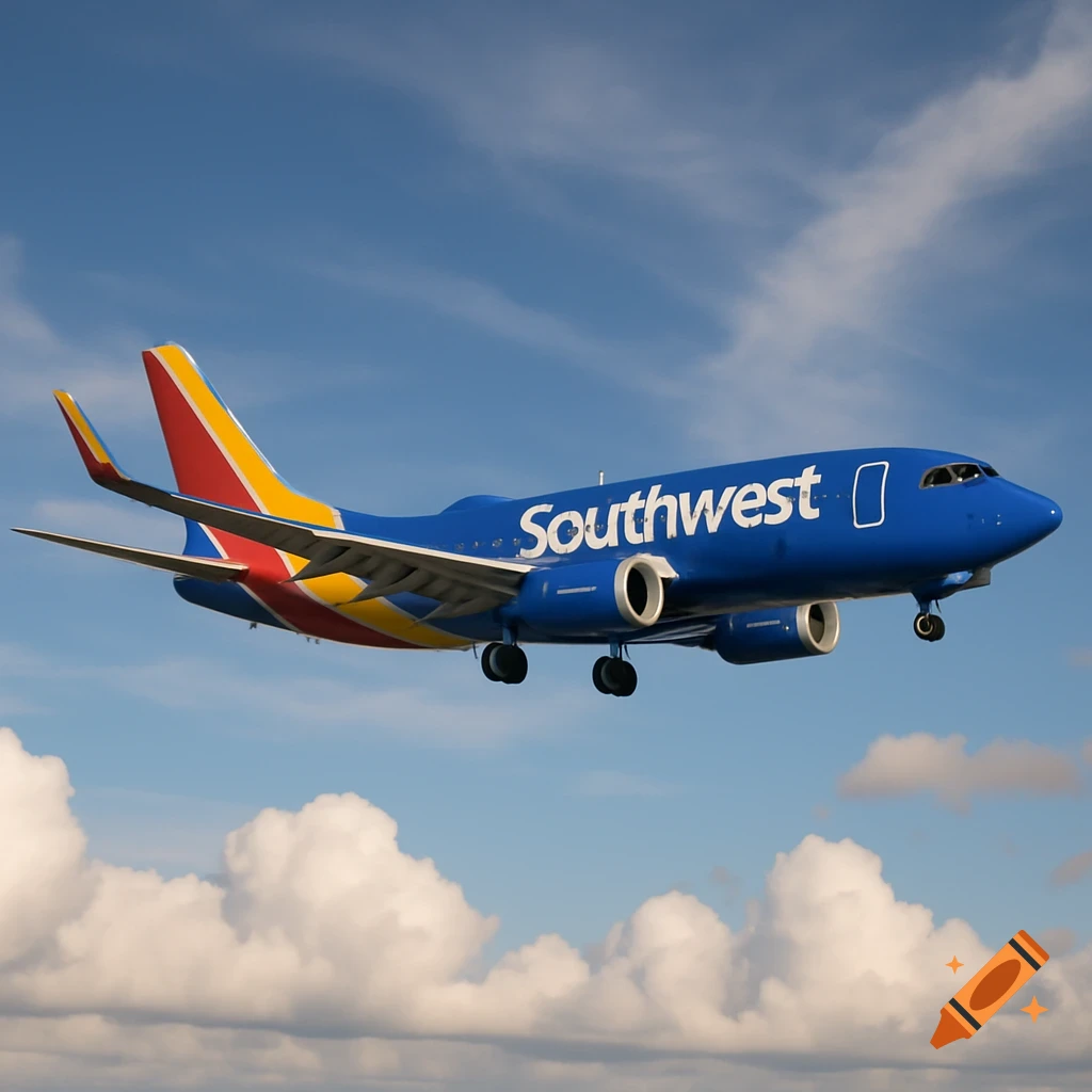 A blue Southwest airplane flies through a blue sky with clouds.