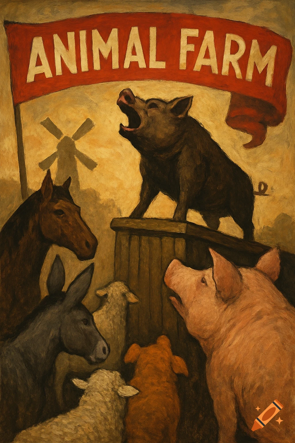 Painterly illustration of a pig speaking to other farm animals beneath a banner that reads ANIMAL FARM