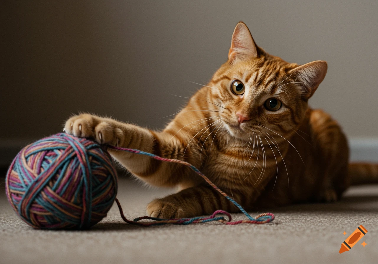 Orange tabby cat playing with a ball of colorful yarn.