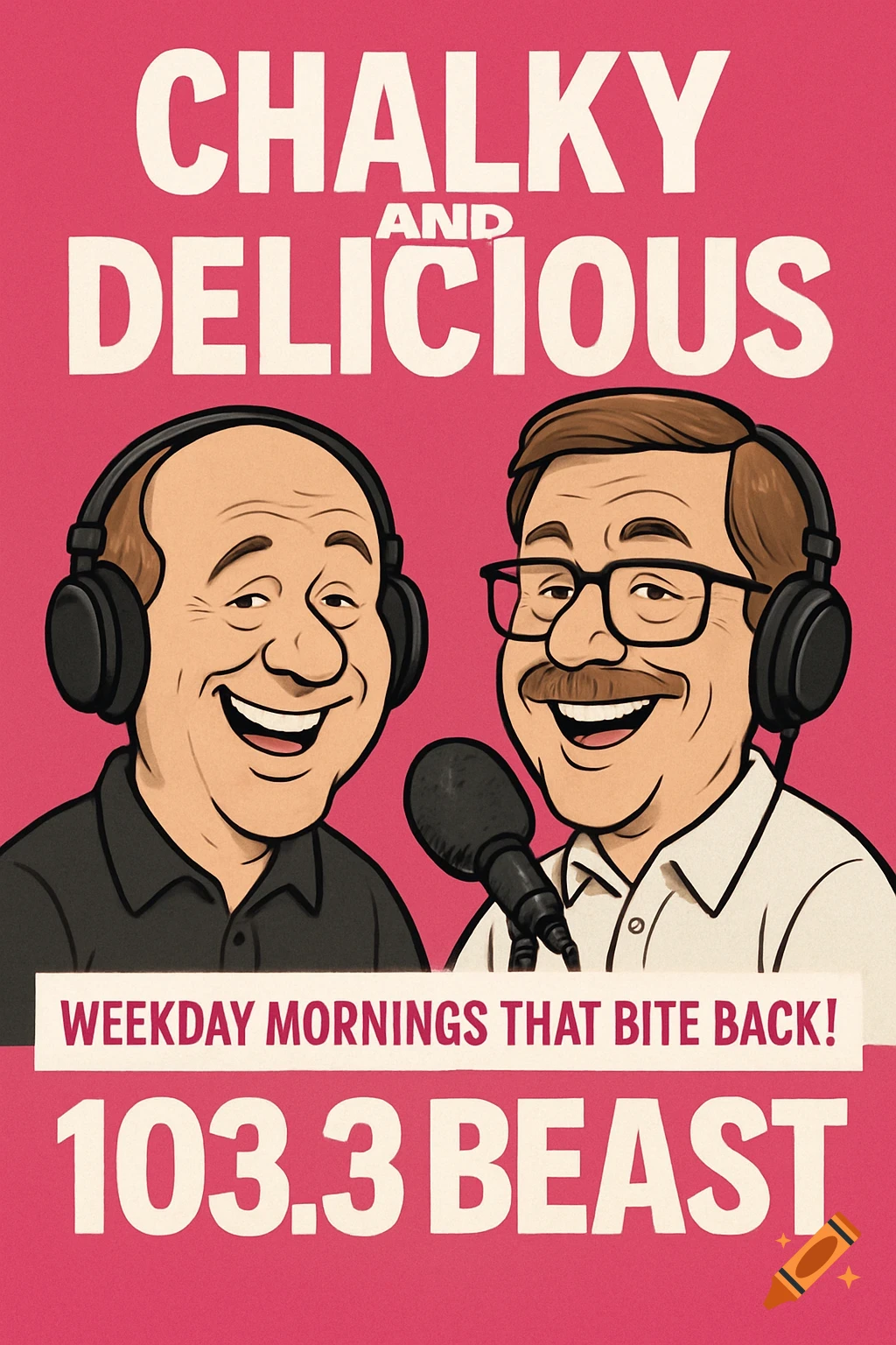 Caricature illustration of two men wearing headphones behind a microphone on a pink background. Text reads 'Chalky and Delicious', 'Weekday Mornings That Bite Back!', and '103.3 Beast'.
