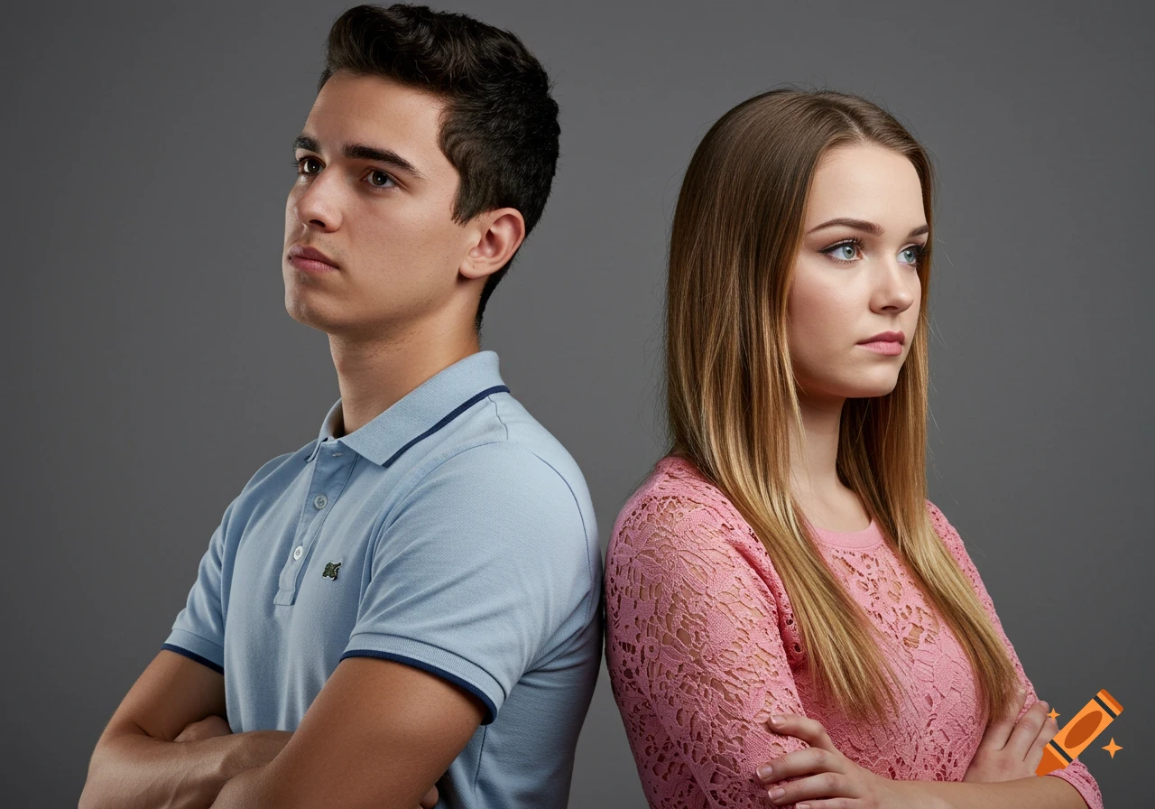 Young man and woman standing back to back with arms crossed, looking away from each other.