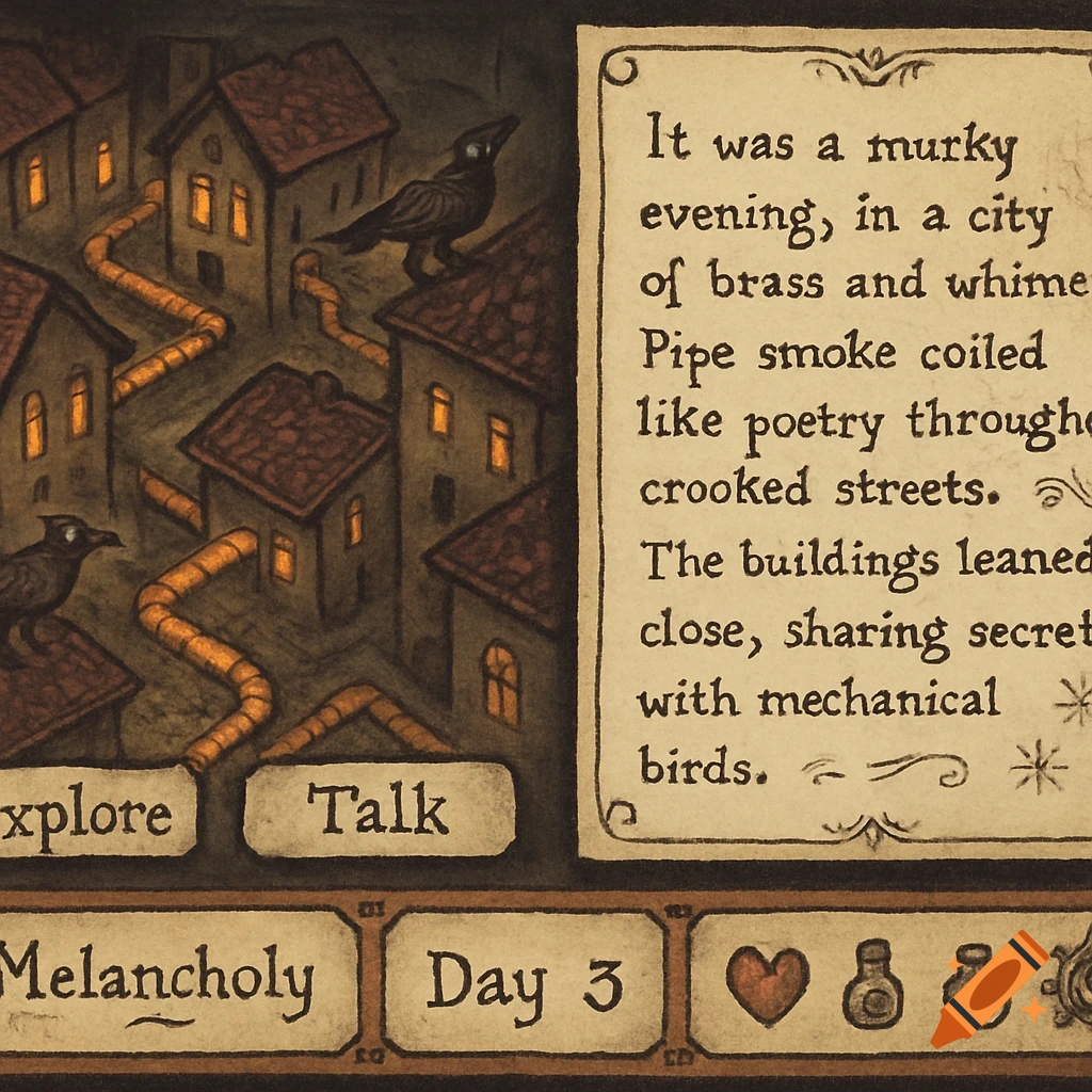 Hand-drawn steampunk game interface with a city map on the left, a text narrative on the right, and player info at the bottom.