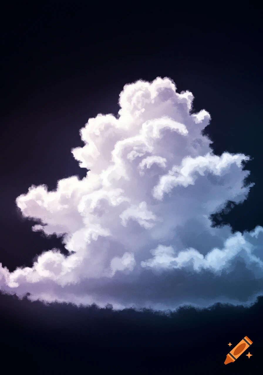 Large white cloud against a dark sky with purple and blue hues, digital art.