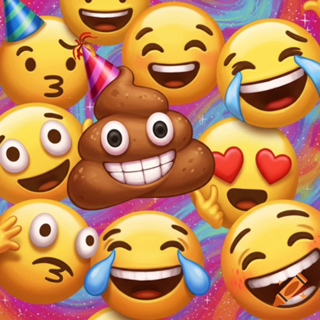 Cartoon emojis including a poop emoji with a party hat laughing on a colorful background.