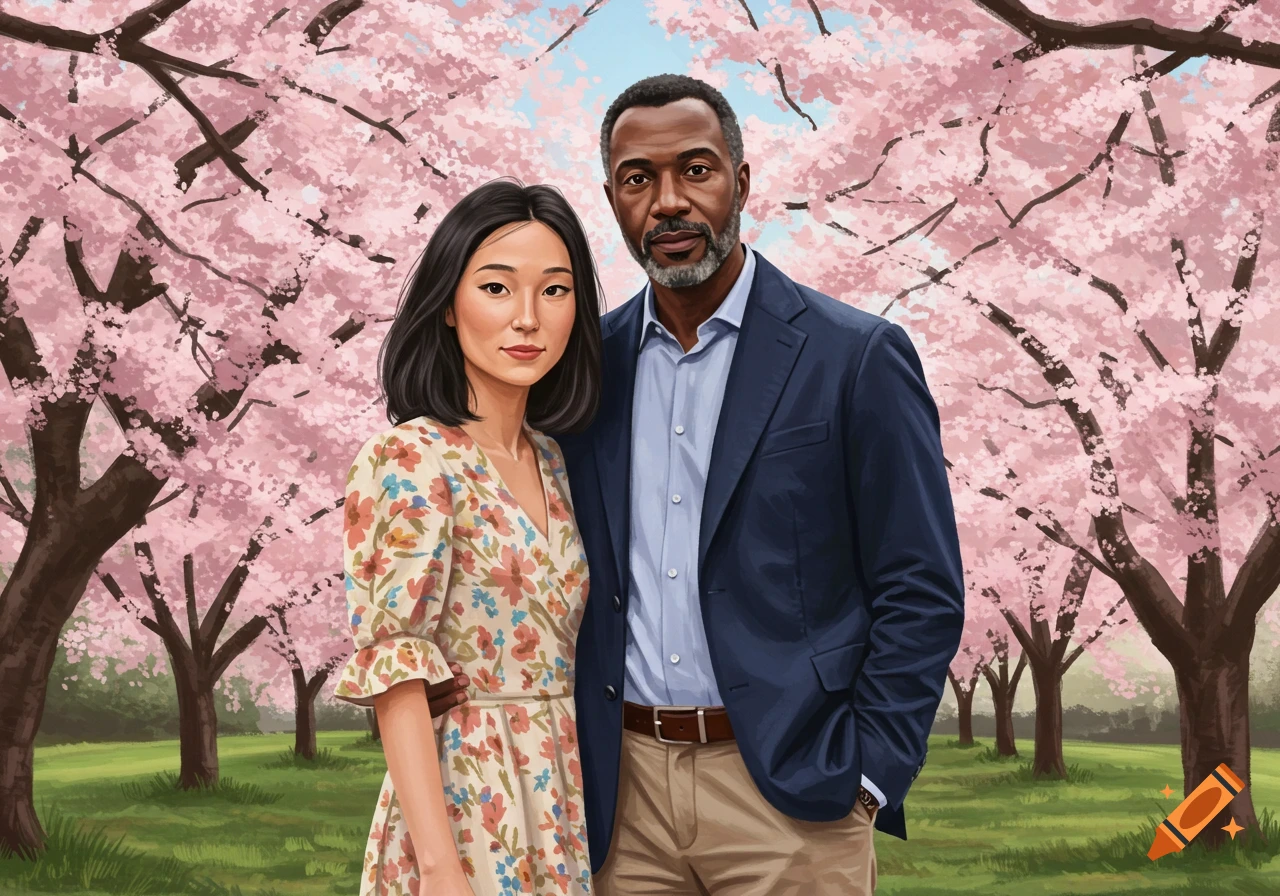 A couple stands together in a park filled with blooming pink cherry blossom trees, digital painting.