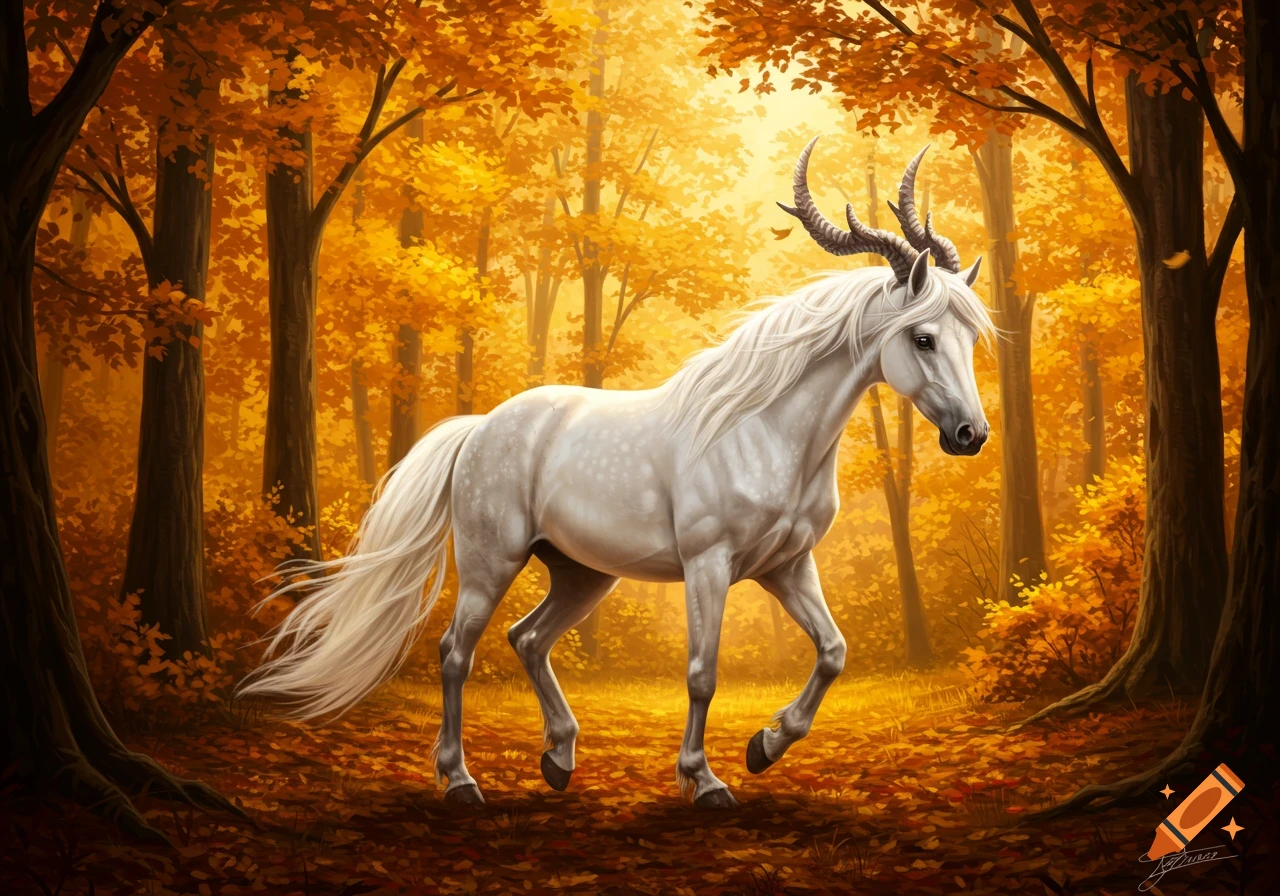 A white horned horse walks through a sunlit autumn forest with golden leaves.