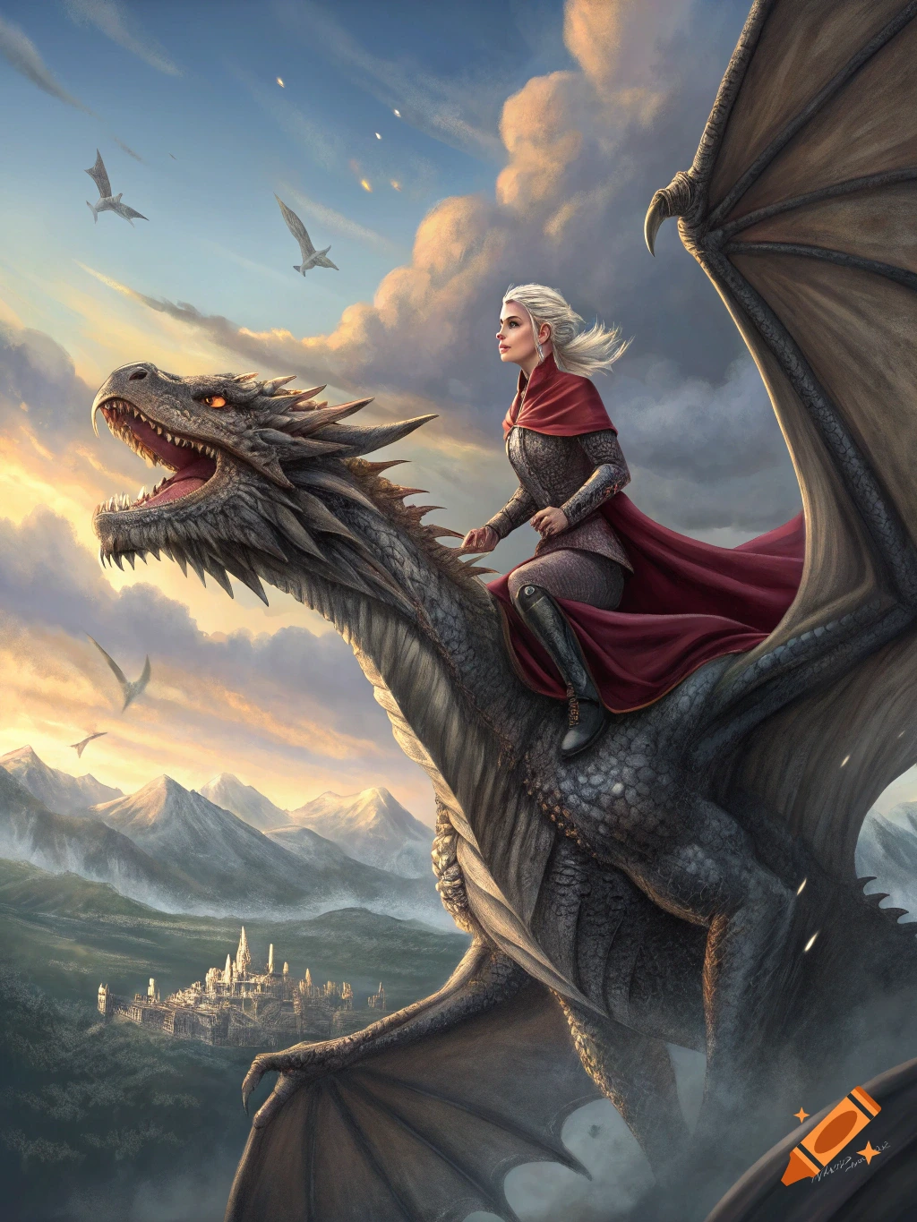 A woman with white hair rides a dragon high above mountains and a city, fantasy art.