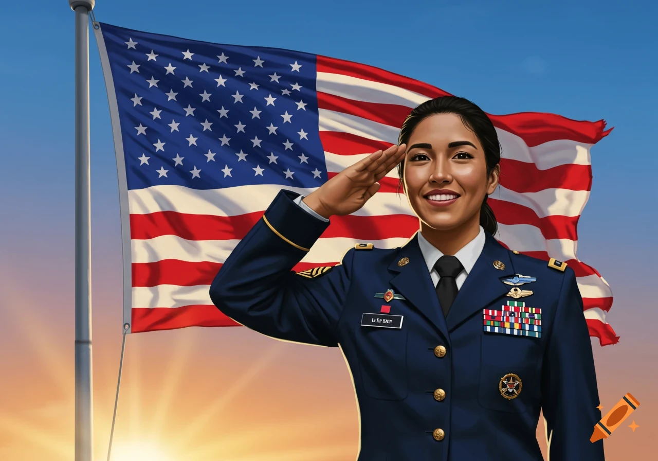 Hispanic female in military uniform saluting the American flag.