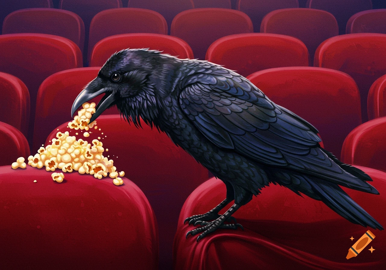 A black raven eats popcorn from a red cinema seat in a movie theater.