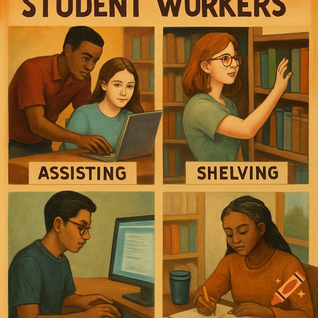 Illustration of diverse student workers in a library: assisting, shelving, typing, studying.