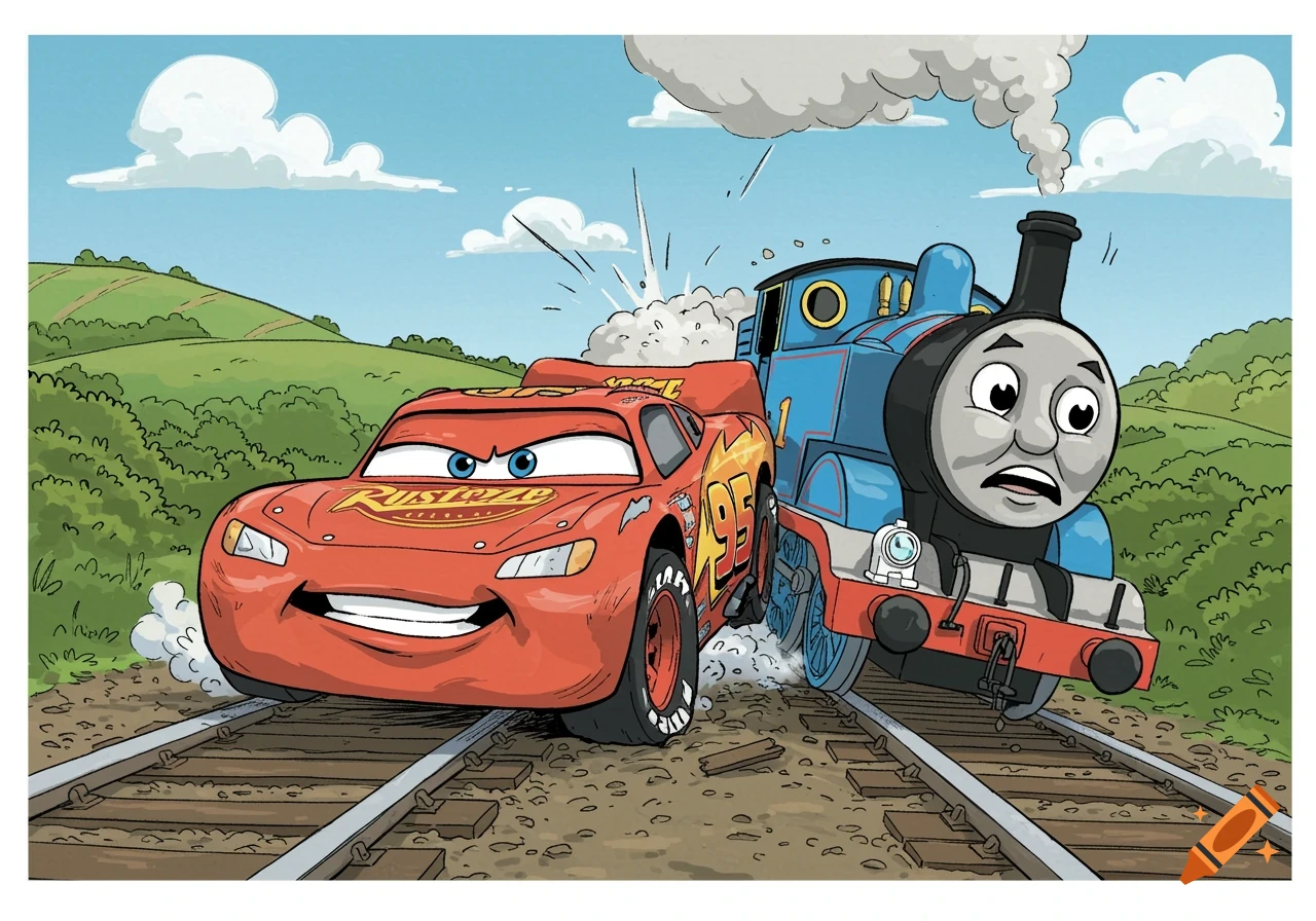 Cartoon illustration of Lightning McQueen and Thomas the Tank Engine on train tracks in a near collision.