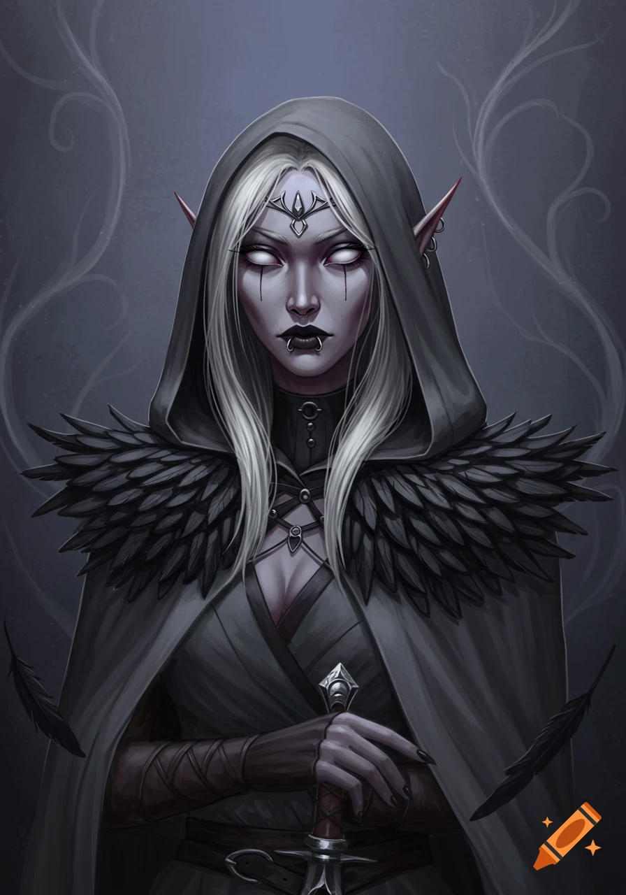 Fantasy portrait of a female shadar-kai elf in a hooded cloak with feather details, holding a sword.