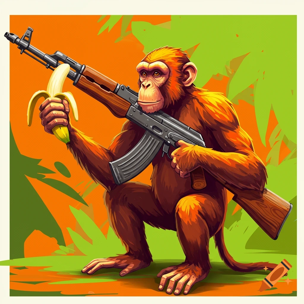 Cartoon monkey holding an AK rifle and a banana