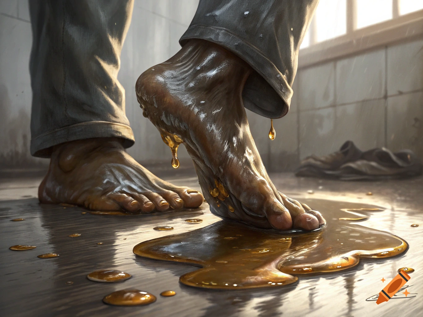 Close-up of feet standing in a puddle of golden liquid with drips.