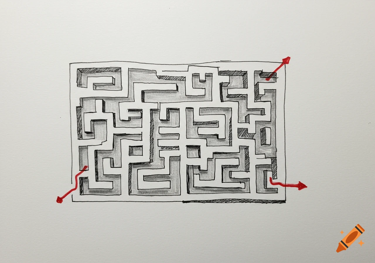 A hand-drawn maze with red arrows indicating paths.