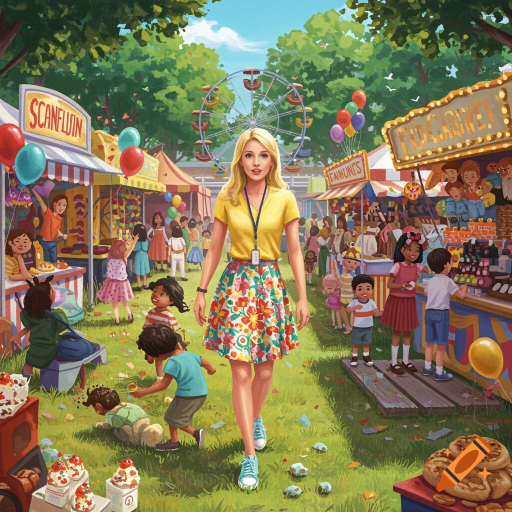 Illustration of a blonde woman walking through a crowded fair with stalls, people, and a Ferris wheel.
