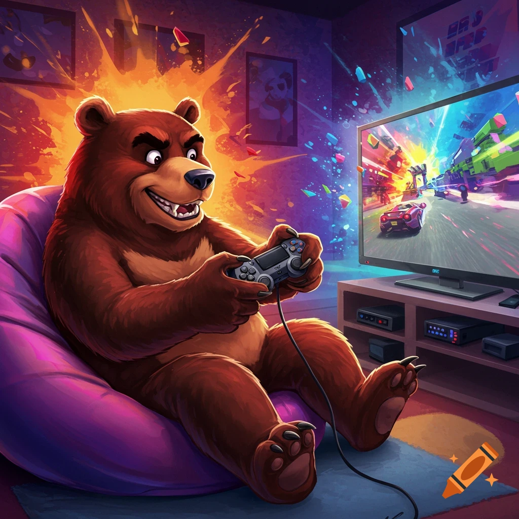 Cartoon bear playing a video game on a TV while sitting on a beanbag chair