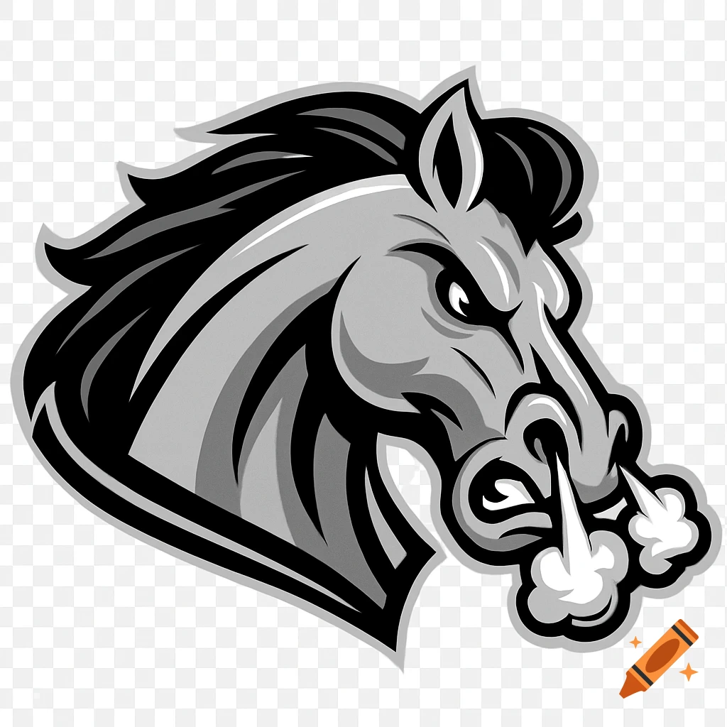 A gray and black mascot logo of a snorting horse head with black mane.