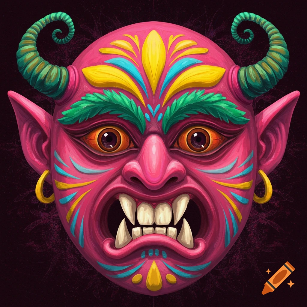 A colorful pink mask with horns, sharp teeth, and vibrant yellow, green, and blue patterns.