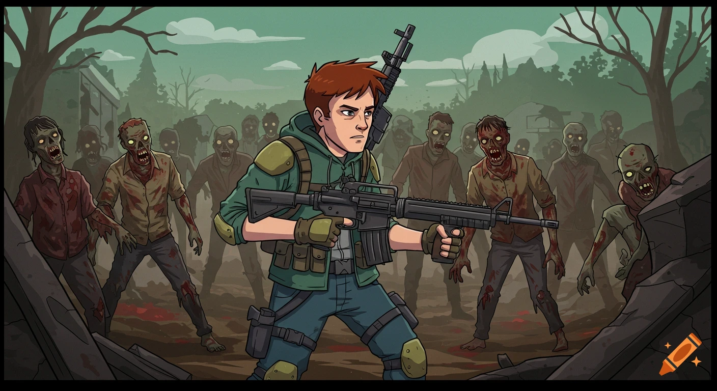 A cartoon shows a survivor with a rifle standing in front of a horde of zombies in a desolate landscape.