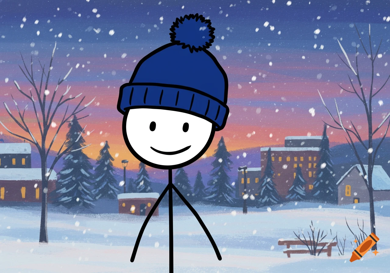 Stick figure in a blue hat standing in a snowy winter scene at sunset.