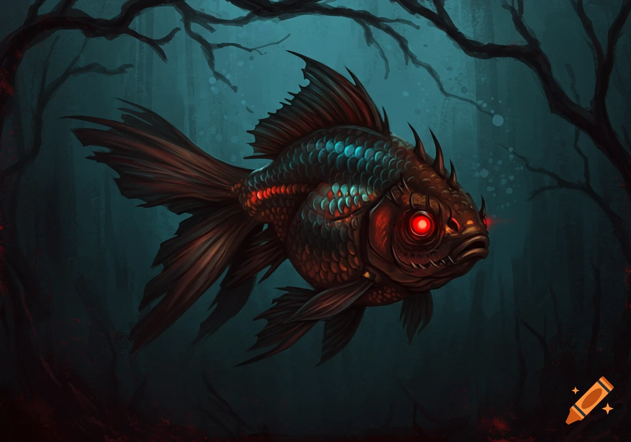 A sinister fish with glowing red eyes swims in a dark, spooky underwater environment.