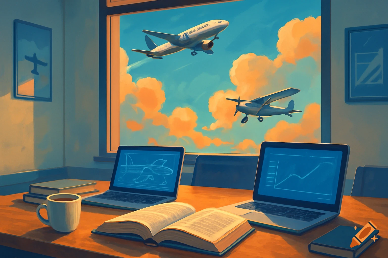 Digital painting of a study desk with laptops and books looking out a window at a jet and propeller plane flying through orange and blue clouds
