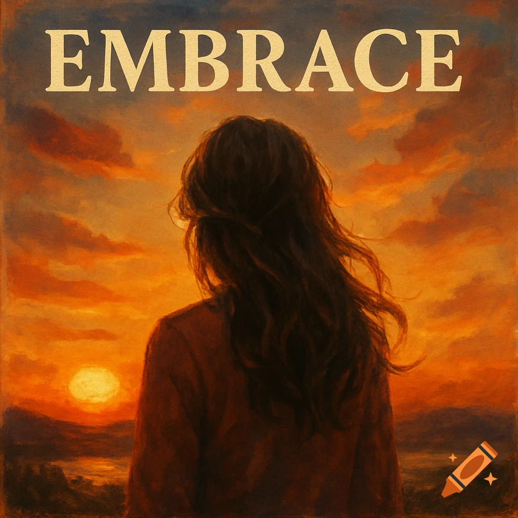 Painterly art of a woman facing a sunset, with the word "EMBRACE" at the top.