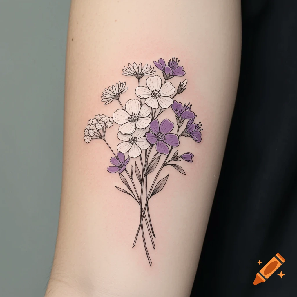 A fine line tattoo of a bouquet of purple and white flowers on an arm.
