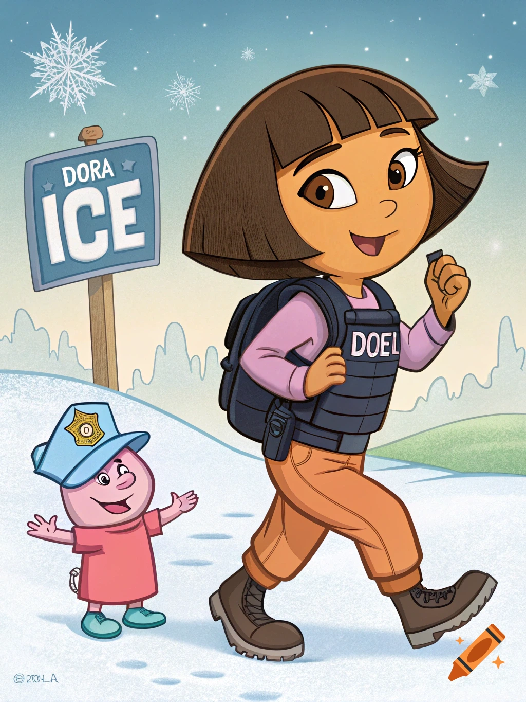 Cartoon of Dora the Explorer as an ICE agent with a pig in a police hat beside a 'DORA ICE' sign in the snow.