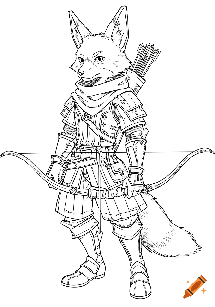 Black and white line art of a cartoon fox archer wearing armor and a cowl, holding a bow.