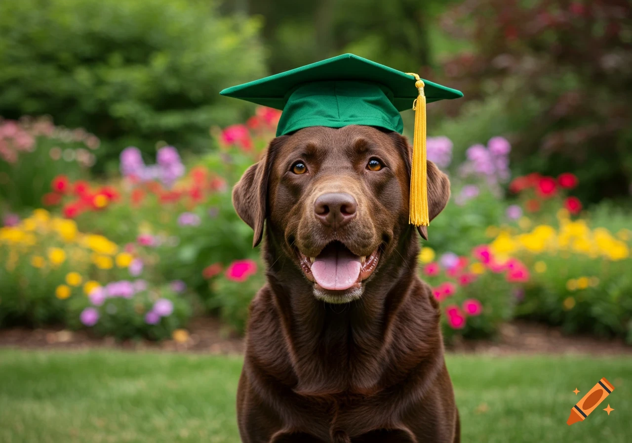A chocolate Labrador wearing a green graduation cap sits in a garden.